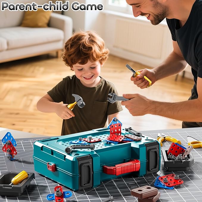 Kids Tools Toy Sets for Aged 3 4 5 6 7 8, 2 in 1 Workbench Toys for Toddlers 3-5, Pretend Play Toolbox, Construction Mechanic Set with Sound, Educational Birthday Gift for Boys Girls Ages 3-8