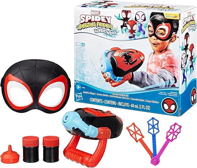 Spidey and his Amazing Friends Marvel Water-Webs Miles “Spin” Morales Electronic Bubble Slinger Role Play Set with Mask, Super Hero Toys for Kids,, Ages 3+ (Amazon Exclusive)