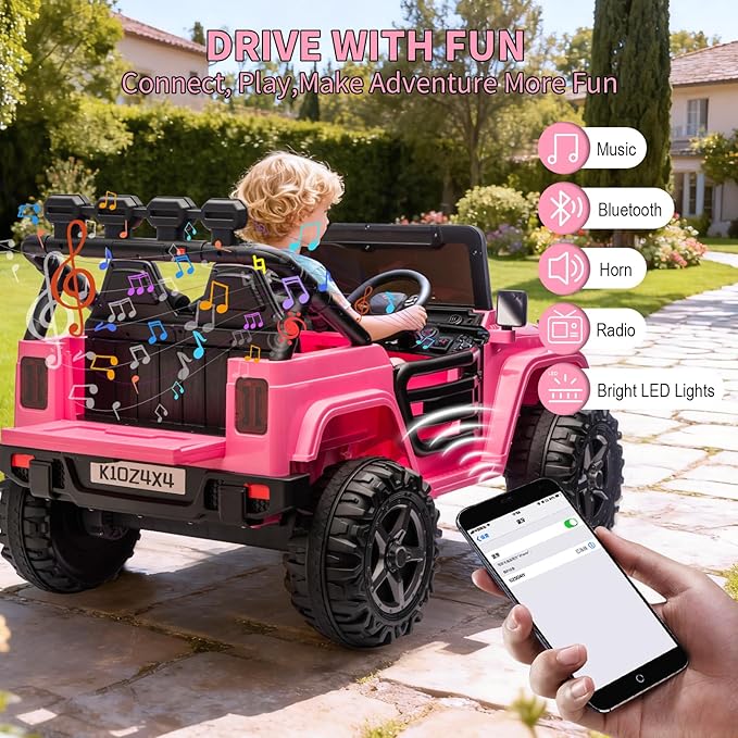 Kids 24V 2-Seater Electric Ride On Car, 4x4 Ride On Truck w/Remote Control, 4-Wheeler Suspension, 3 Speeds, Led Lights, Bluetooth, Ride on Car Toy for Kids Ages 3-8, Pink