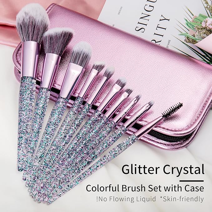 Girls Makeup Brushes Set for Teens with Case, Glitter Teen Make up Brush Set, Eyeshadow Brush Set for Teen Girls, Teenagers Eye Shadow Brush Set, Vegan Makeup Brush
