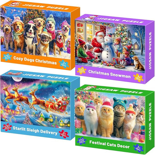 100 Piece Christmas Puzzles for Kids Ages 4-6, 4 Pack Jigsaw Puzzles for Kids Ages 6-8, Christmas Cats Dogs Snowman Sleigh Xmas Gifts for Boys and Girls Learning Educational Holiday Puzzles 5-8 8-10