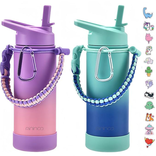 Mininoo Kids Water Bottle for School, 16oz Stainless Steel Insulated Water Bottle Kids with Paracord Handle for Girls, Boys (2 Pack)