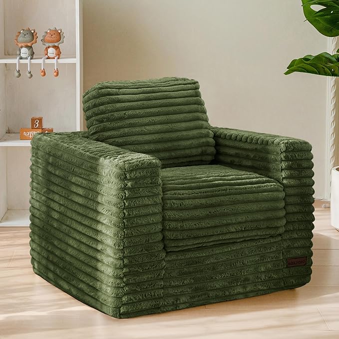 MAXYOYO Kids Bean Bag Chair, Comfy Faux Fur Bean Bag Sofa with Filler, Upholstered Floor Sofa with Pillows and Armrests, Lazy Floor Chair Couch for Boys and Girls, Green
