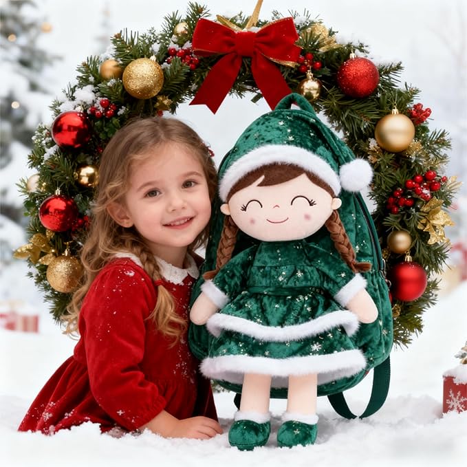 Gloveleya Plush Backpacks Toddler Backpack Removable Doll and Backpack Baby Girl Gifts for 2 to 8 Years Girl Birthday Gifts with Green Doll