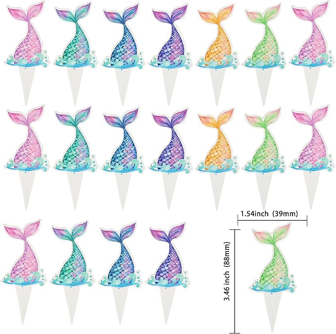 Ephlyn 36Pcs Mermaid Tail Cupcake Toppers Mini Under the Sea Mermaid Tail Cake Topper Decorations Cupcake Picks for Ocean theme Birthday Party Decoration Baby Shower Supplies