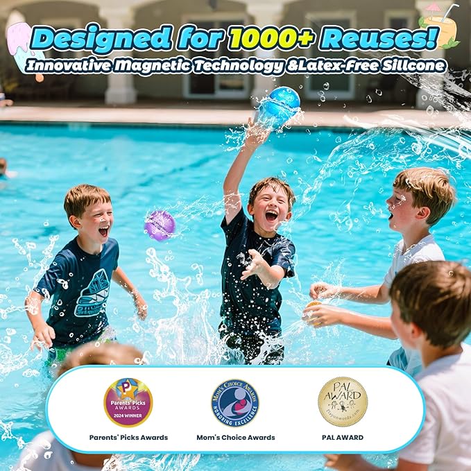 【16 Pack】Upgade Reusable Water Balloons, Pool Beach Water Toys for Boys and Girls, Outdoor Summer Toys for Kids, Magnetic Water Ball for Outdoor Activities (Multicolor, 16PCS)