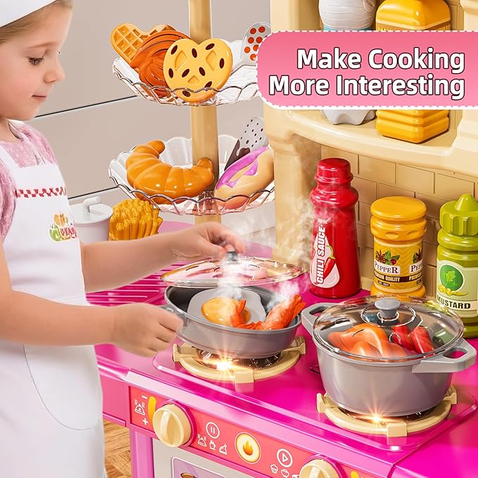 36 in Kids Kitchen Playset for Ages 2-6 4-8, Play Kitchen with Light, Sound and Spraying, Sink Toy Accessories, Cooking Stoves, Pretend Food Toys for Toddlers 1-3 3-5 Boys Girls 6-12 (Pink)