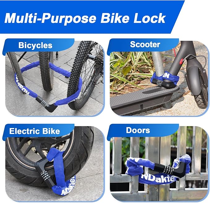 NDakter Upgrade Bike Chain Lock with 4 Digit Combination and 2 Keys, 3.2/4.28 Ft Heavy Duty Anti-Theft Bicycle Lock, 2 Ways to Unlock High Security Scooter Locks for Ebike, Escooter, Door