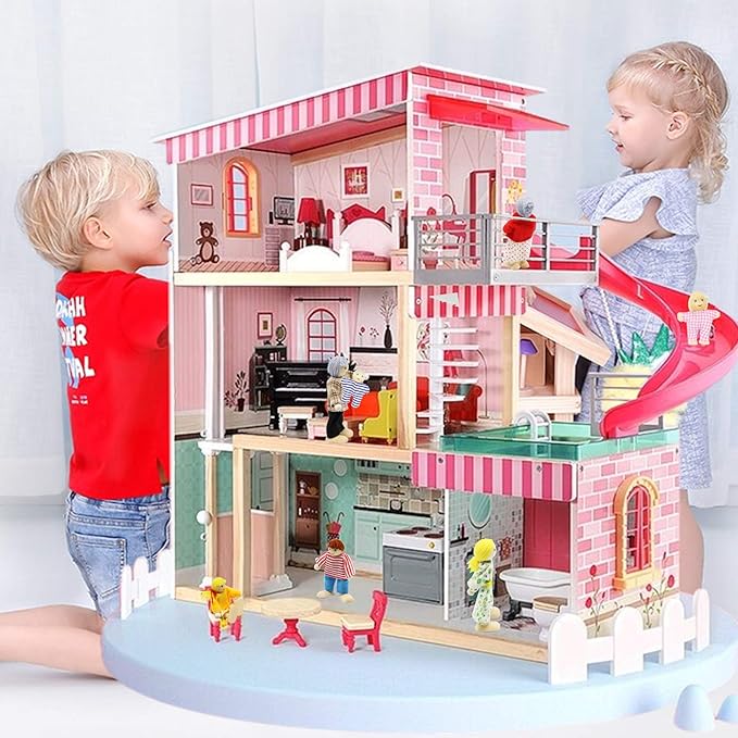 Lovely Happy Dollhouse Dolls Family Set of 8 Wooden Figures for Children House Pretend Gift