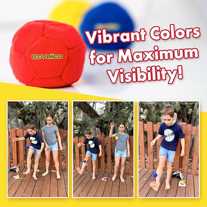 Footbag Hacky Set of 3 for Kids, Teens & Adults. Yellow, Blue & Red Sack - Each 2.28 inch, 1.6oz, Durable Dual Layered Synthetic Suede, Instructions & Stylish Bag, Solo or Group Footbag Game