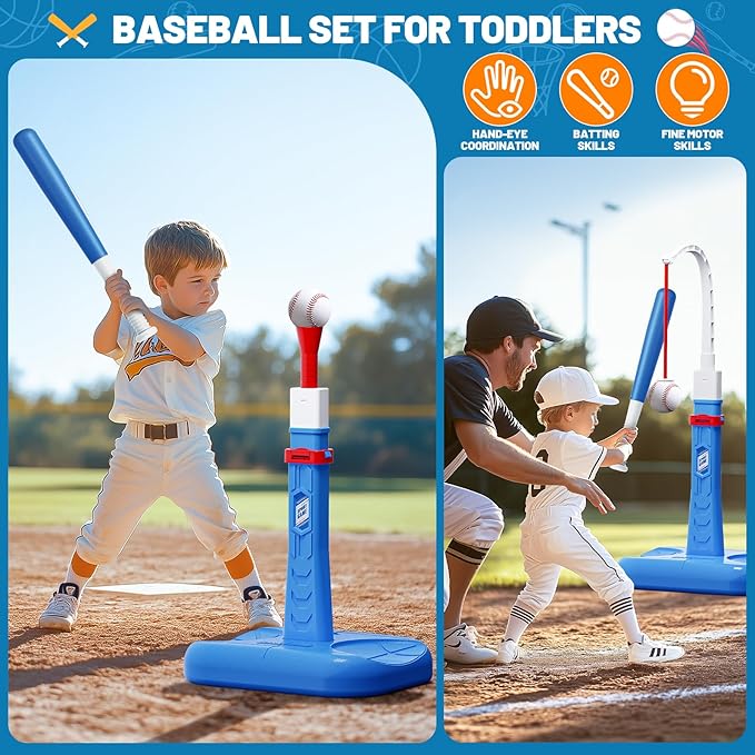 3 in 1 Kids Basketball Hoop and T Ball Set, Adjustable Height Toddler Basketball Hoop, Hanging Tee Baseball, Indoor Outdoor Sports Toys Gifts for Toddlers Boys Girls Ages 3 4 5 Year（Blue