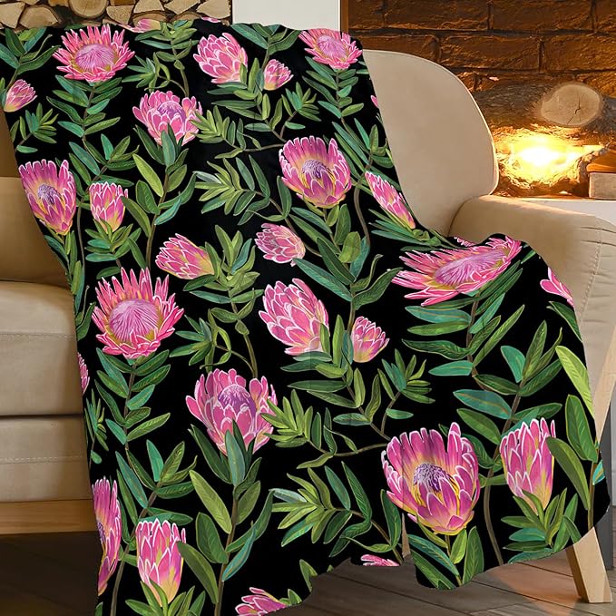 Protea Flower Blanket Ultra Soft Cozy Plush Farmhouse Floral Throw Blanket Wildflower Lovers Gifts for Girls Women Kids Adults Lightweight Flannel Comfy Blankets for Couch Sofa Bed 60"x50"