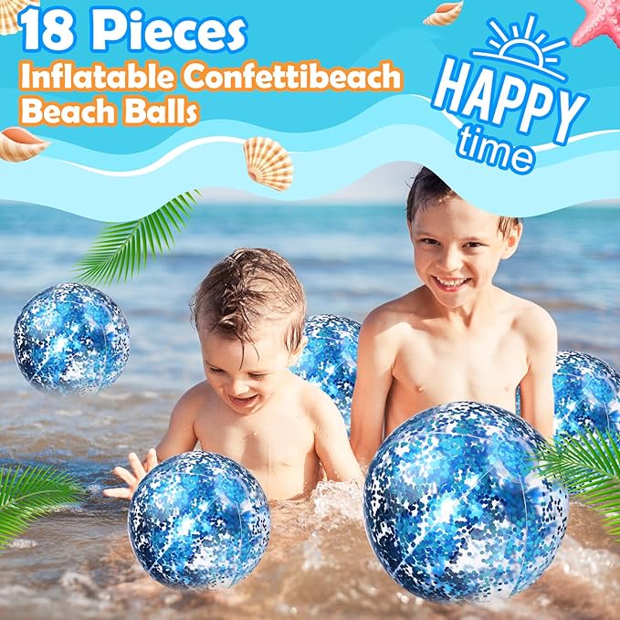 Chivao 18 Pcs Sequins Beach Ball 24 Inch 16 Inch Clear Inflatable Glitter Summer Swimming Pool Balls Wedding Outdoor Floatable Decor Confetti Decor for Beach Party(Blue)