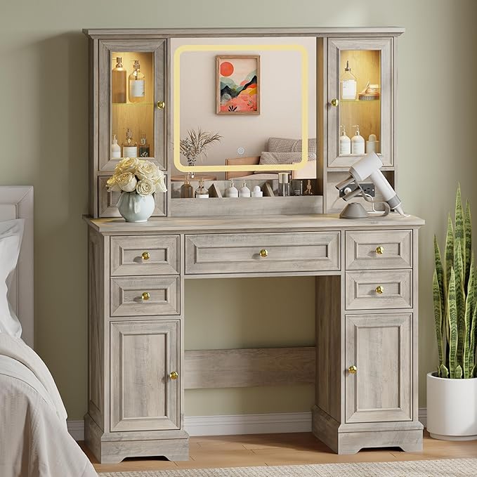 43'' Makeup Vanity with Mirror and Lights, Farmhouse Vanity Desk with Drawers & Charging Station, 3 Lighting Modes & Adjustable Brightness, Glass Cabinet, Dressing Table for Bedroom, Grey
