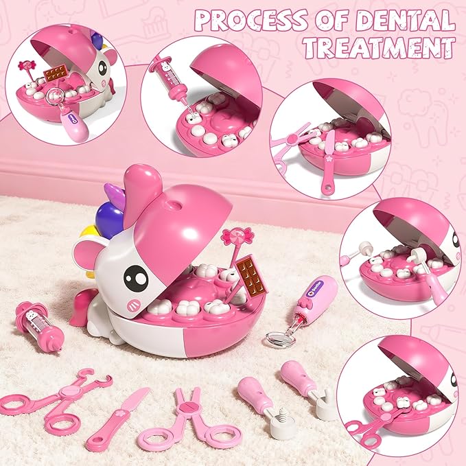 34 PCS Dentist Play Set Toys for Girls, Doctor Kit for Kids Toddlers Ages 2-4 3-5, Pretend Play Toy for Girl Age 4-6, Dentist Toy with Light & Sound, Birthday Gifts for 3 4 5 6 7 8 Year Old Girls