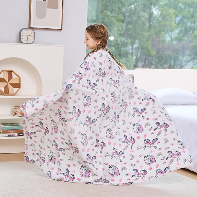 Viviland Kids Unicorn Print Throw Blanket for Girls - Warm Lightweight Plush Fleece for Sofa, Chair, Couch, Bed - 30" x 40"