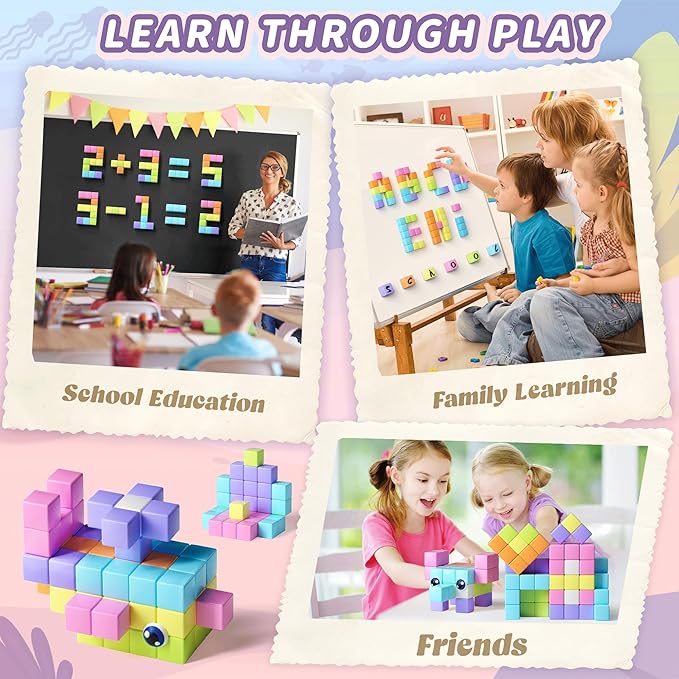 65PCS Magnetic Blocks with Magnet Eyes Toy, Magnetic Building Blocks with Storage Bag for Kids Gifts, STEM Preschool Sensory Magnetic Cubes for Toodlers Boys Girls Ages 3 4 5 6 7 8, Macaron Color