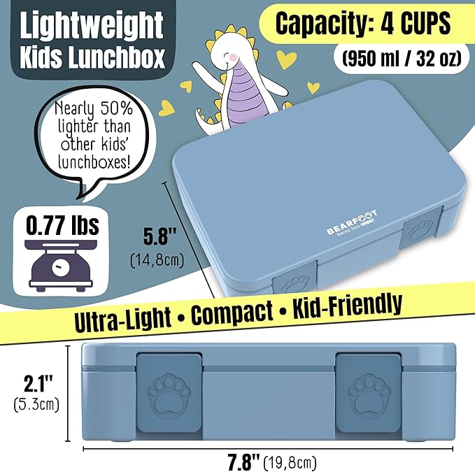 BEARFOOT Kids Lunch Box with Compartments – Compact & Lightweight | Leak-Proof, BPA-Free, Dishwasher & Microwave Safe | Hand-Drawn Design for Preschool, School, Travel (Blue, 4 Cups)