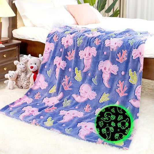 Axolotl Blanket for Girls - Axolotl Gifts Toys for 2 3 4 5 6 7 8 9 10 Year Old Girls Boys - Glow in The Dark Salamander Blanket Christmas Birthday Presents for Toddlers Teens Couch Bed 50"x 60"