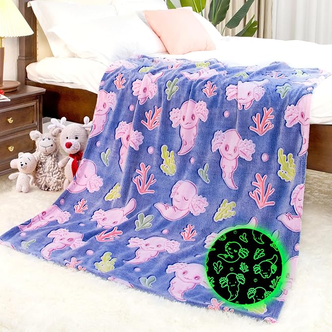 Axolotl Blanket Twin Size Glow in The Dark - Gifts for Teen Girls Boys & Axolotl Lovers - Soft & Cozy Microfiber Salamander Fleece Bedding, Decor for Couch, Sofa, Dorm Room & Bed 60"x80"