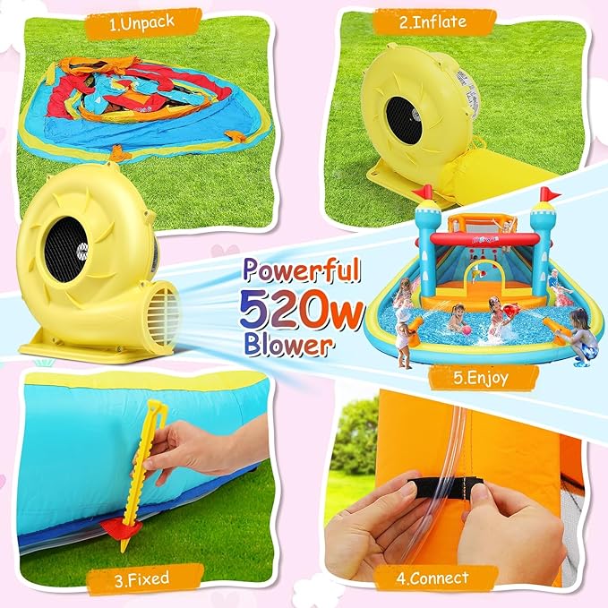 AKEYDIY Bounce House Water Slide with Double Slide,Splashing Pool, Double Water Cannon,Climbing Wall, Giant Water Park W/Heavy Duty GFCI Blower,Inflatable Water Slides Park for Kids Backyard Summer