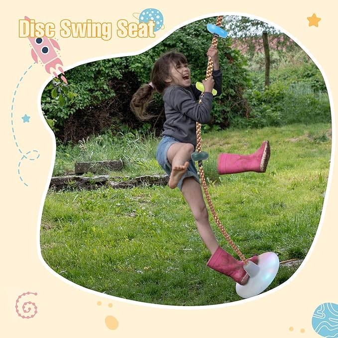 REDCAMP LED Climbing Rope Swings for Trees, Heavy Duty Plastic Disc Swing Seat for Kids and Adults with Hanging Strap and Snap Hooks, Multicolor