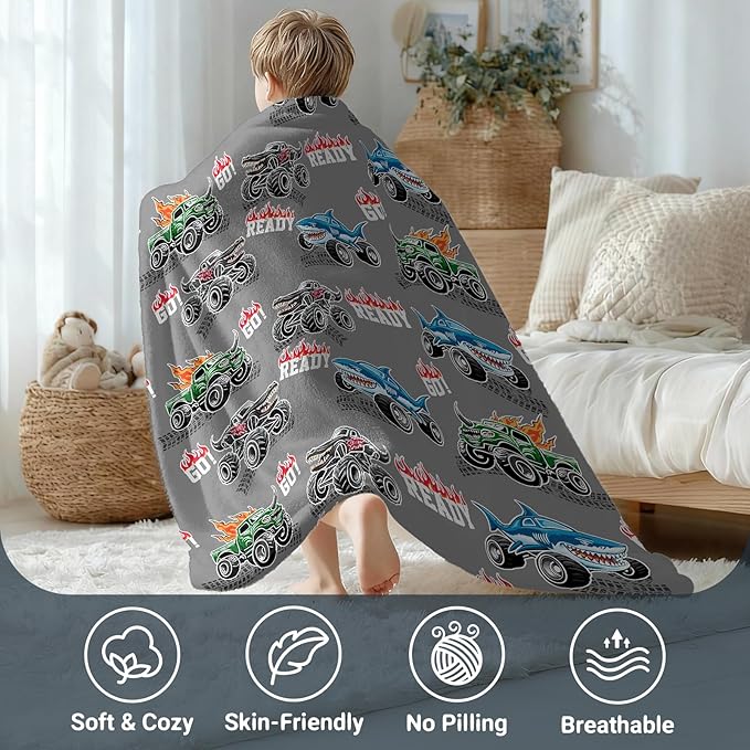 Monster Cars Gifts for Boys Girls - Trucks Glow in The Dark Blanket Toys for Birthday Christmas Valentines Easter Presents for Kids Toddler Age 2 3 4 5 6 7 8 9 10 11 12 13 Years Old Soft Throw 50"x60"