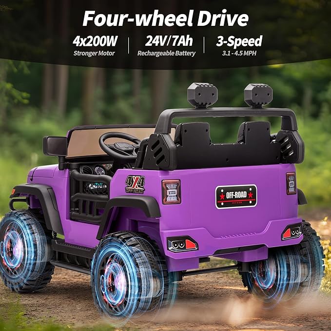 2 Seater Ride on Toy Car for Kids, 24V 4x4 Ride-on Truck Kids Electric Car w/Remote Control, 4x200W Motors - Purple