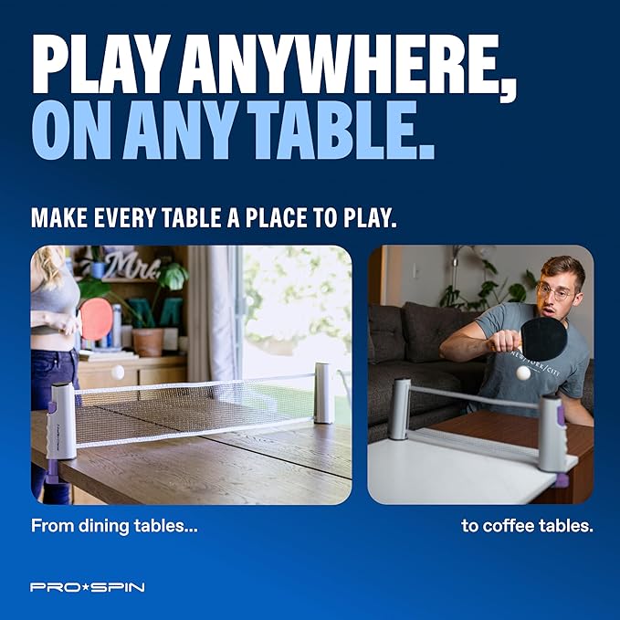 PRO-SPIN Portable Ping Pong Set with Retractable Ping Pong Net for Any Table, All-in-One Table Tennis Set with Ping Pong Paddles, Balls & Case, Table Top Family Game