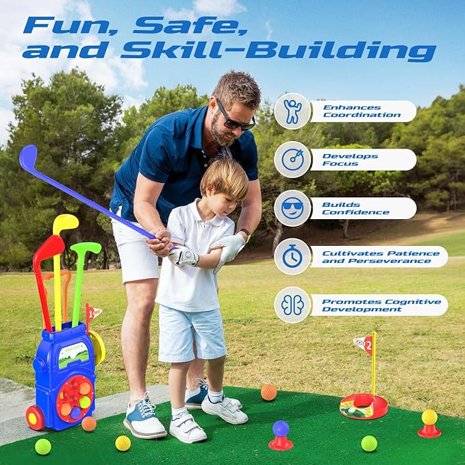 Toddler Golf Set for Boys & Girls Ages 2 3 4 5, Kids Golf Clubs with Putting Mat, Golf Cart, 7 Balls, 4 Golf Clubs, 2 Practice Holes, Indoor & Outdoor Toy Sports Gift