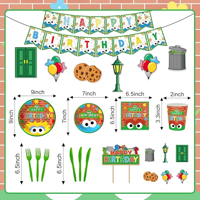 147PCS Cookie Party Supplies for Baby Birthday Party Street Themed Tableware Set Napkin Cups Forks Knives for 20 Guests
