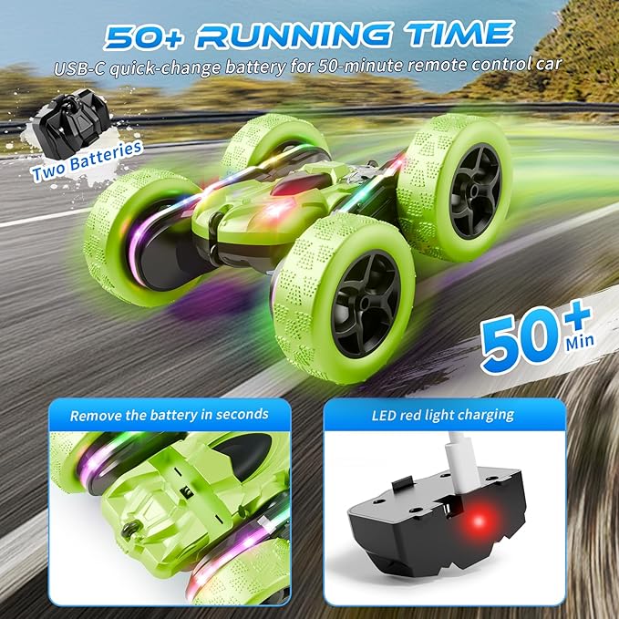 Remote Control Car – 4WD 360° Flip Double‑Sided RC Stunt Car LED Light Bar & USB‑C Modular Battery, Off‑Road Toys for Boys Ages 6‑12, Birthday Gift, Black‑Green