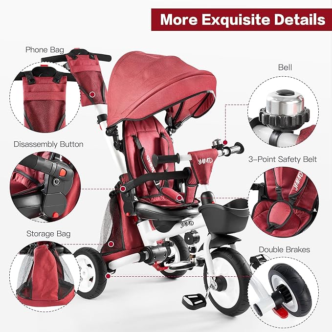 JMMD Baby Tricycle, 7-in-1 Folding Kids Trike with Adjustable Parent Handle, Safety Harness & Wheel Brakes, Removable Canopy, Storage, Stroller Bike Gift for Toddlers 18 Months - 5 Years(Red)