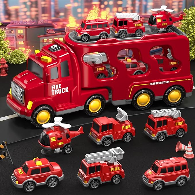 7 in 1 Fire Trucks Cars Toys for Toddlers 3-5, Boy Toddler Car Truck Toys with Light Sound, Birthday Gifts Toys for 3 4 5 6 Year Old Boy