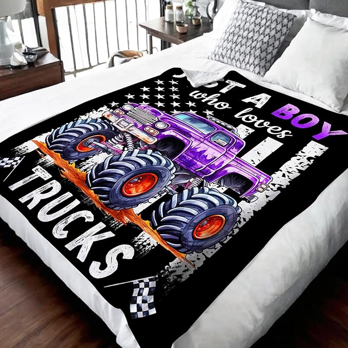 Boys Blanket for Kids Truck Lovers - 30x40 Inches Cute Truck Throw Blanket Gifts - Black Soft Fuzzy Car Blankets for Lap Couch Bed Travel