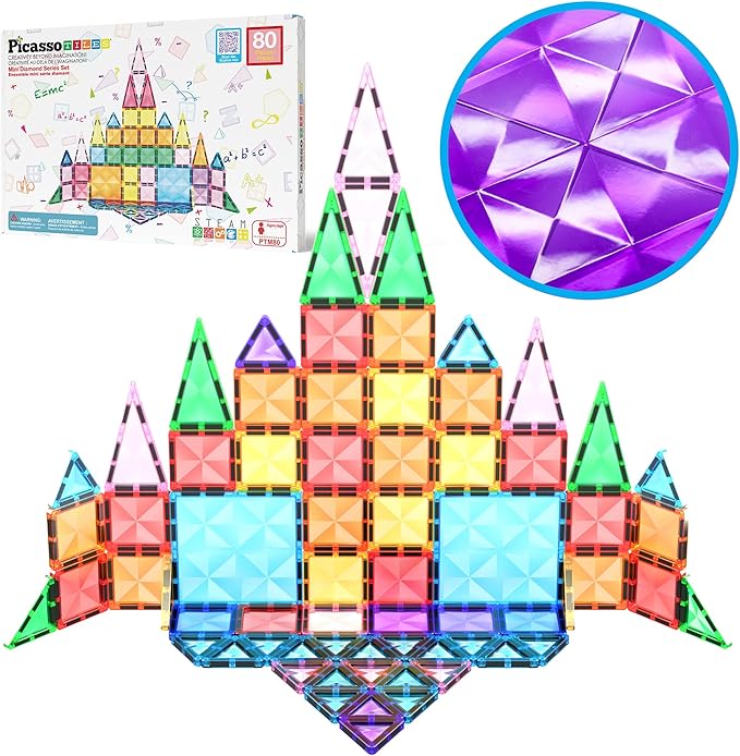 PicassoTiles 80pc Mini Travel Size Magnetic Tiles Building Blocks Construction Build STEM Learning On The Go Vacation Toy Set Birthday Gifting Classroom Magnet Tile Kit Educational Ages 3 and up PTM80