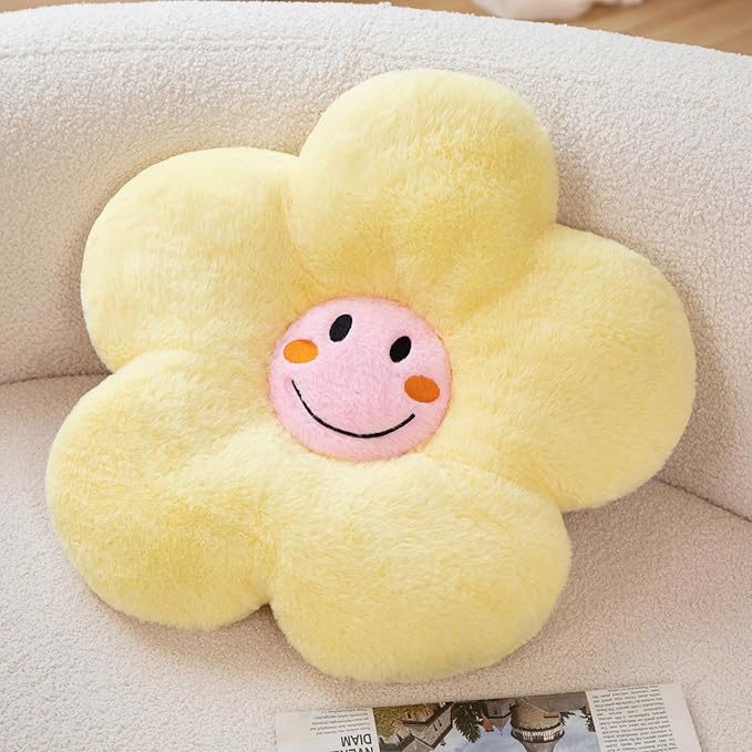 18” Yellow Flower Pillow Flower Shaped Throw Pillow Colorful Smile Daisy Flower Pillows Seating Cushions for Adults Kids Throw Pillows Couch Decor