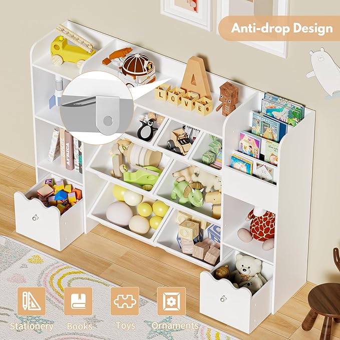 HOMMPA 55" W Kids Toy Storage Organizer with 2 Movable Drawer 4-Tier Bookshelf for Kids Children's Organizer Cabinet with 8 Toy Bins for Playrooms, Classroom and Nurseries,White