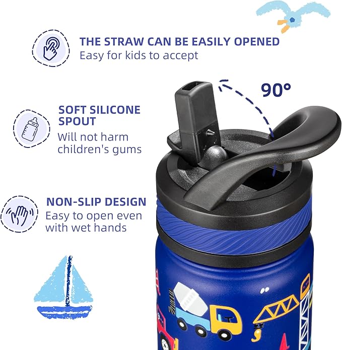 Fanhaw 14 Oz Kids Insulated Water Bottle with Straw - Stainless Steel Double Wall Vacuum Cup, Leakproof, BPA Free, Suitable for Boys and Girls(Blue - Under Construction)