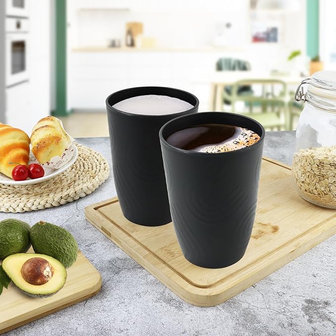 Wheat Straw Cups 6 Pcs 16 OZ Plastic Cup, Unbreakable Drinking Glasses, Lightweight Cup Set for Kitchen, Alternative to Plastic Cups Reusable Dishwasher Safe (Black)