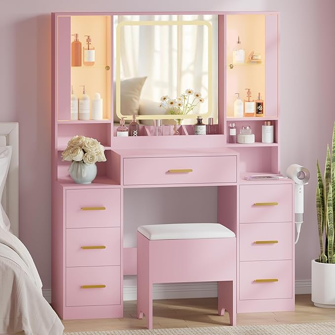 43'' Makeup Vanity with Mirror and Lights, Pink Vanity Desk with 7 Drawers & Charging Station, 3 Lighting Modes & Adjustable Brightness, Cushioned Stool, Dressing Table for Girls, Women, Teens