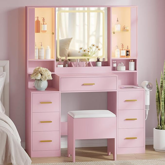43'' Makeup Vanity with Mirror and Lights, Pink Vanity Desk with 7 Drawers & Charging Station, 3 Lighting Modes & Adjustable Brightness, Cushioned Stool, Dressing Table for Girls, Women, Teens
