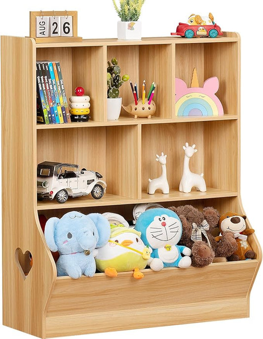 Lerliuo Kids Toy Storage Organizer, 3 Tier Children Small Bookcase and Bookshelf, Toddler 7 Cubby Toy Storage Cabinet, Toy Shelf for Playroom, Bedroom, Living Room, Nursery, School 29.53'' H (Natural)