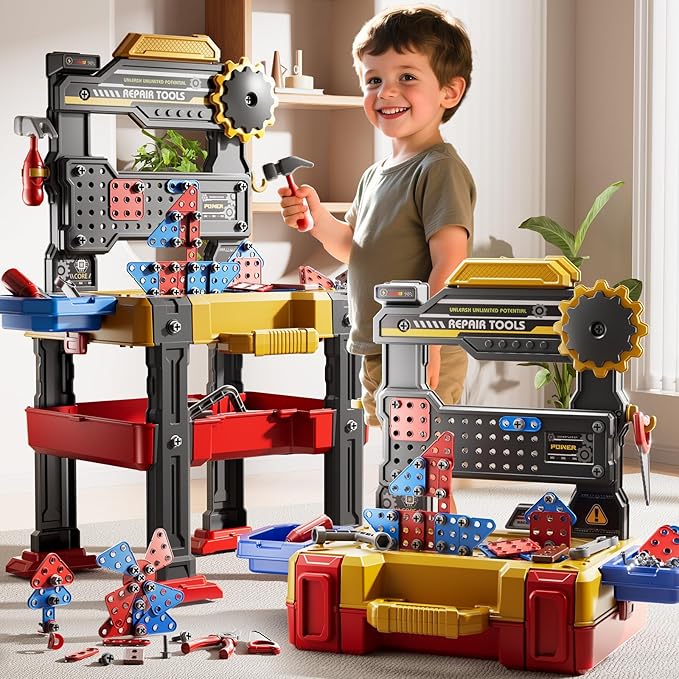 2 in 1 Workbench Tools Toys Set with Sound for Toddlers Aged 3-5, 145 PCS Educational Construction Mechanic Toolbox for Boys Girls, Pretend Play Toys Birthday Gift for Kids 3 4 5 6 Years Old