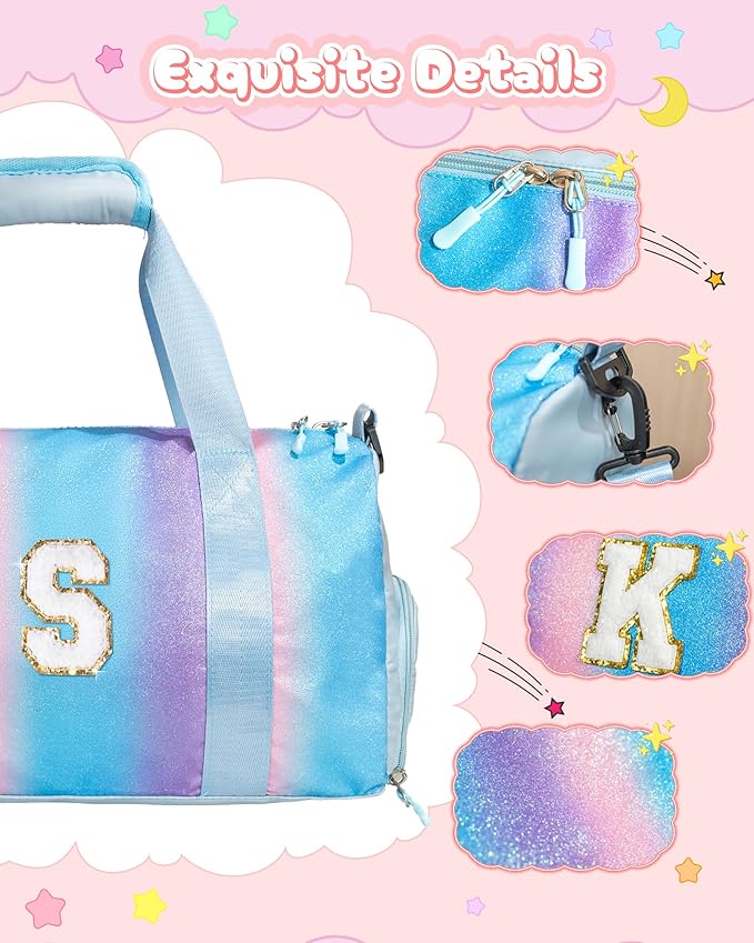 Dance Recital Gifts for Girls-Girl Gym Bag with Shoe Compartment, Kid Personalized Weekender Overnight Bags, Initial Travel Tote with Makeup Pouch, Preppy Things for Kids Girls (Letter E)