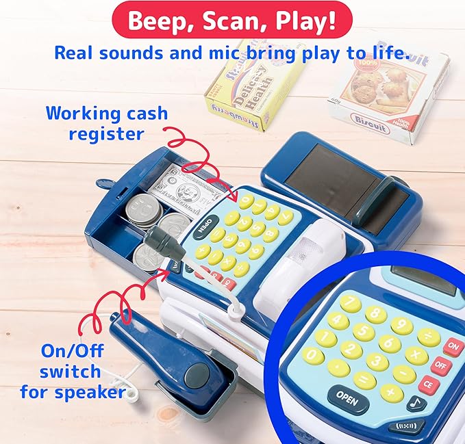 Prextex Pretend Play Electronic Toy Cash Register for Kids - Contains Play Coins, Paper Bills & Credit Card - Teaches Money and Number Calculation - Fun Toy Register for Kids - Blue
