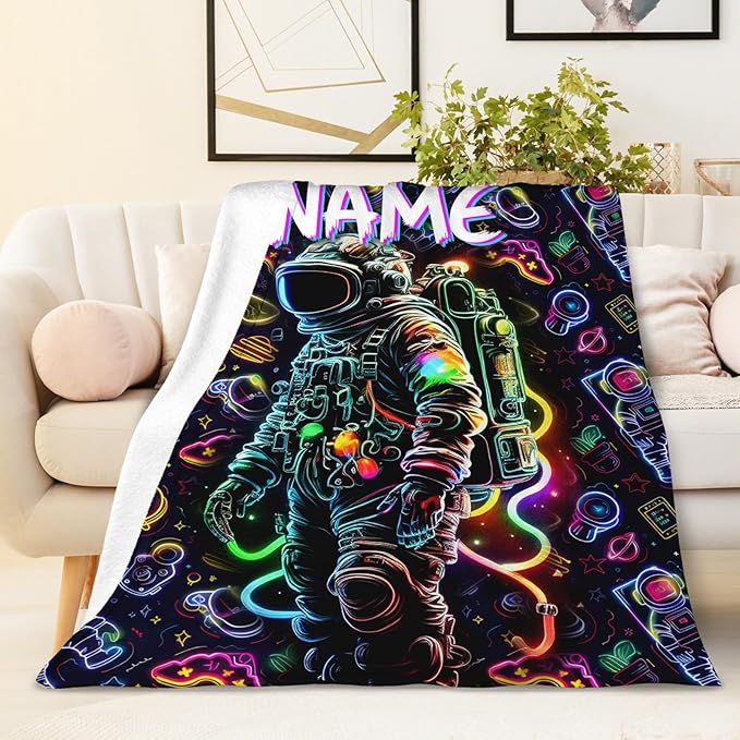 Kids Blanket for Boys Son Grandson Personalized Astronaut Blanket for Gift, Custom Cool Warm Cozy Throw for Living Room Bed Sofa Camping