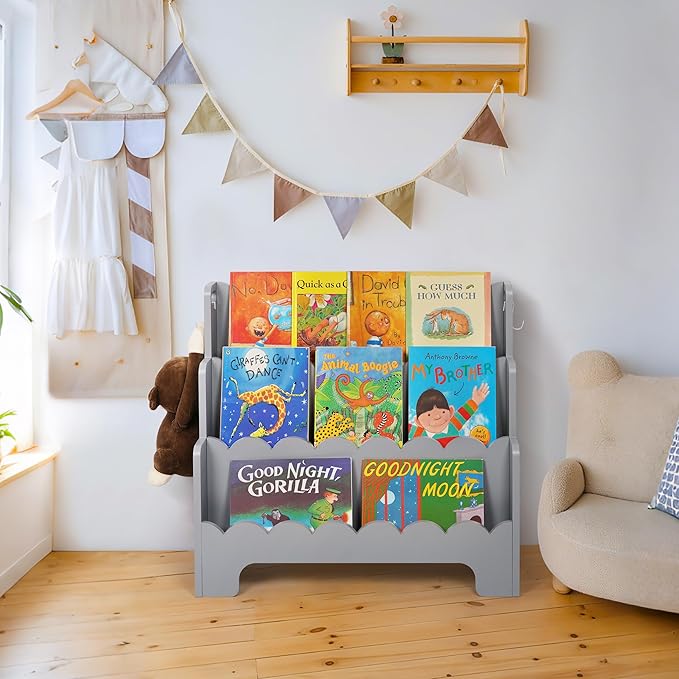 Kids Bookshelf Wooden 3-Tier, Scalloped Book Shelf for Kids Rooms, Front Facing Toddler Montessori Bookshelf, Baby Nursery Book Shelves Kid Classroom Book Shelf Bookcase