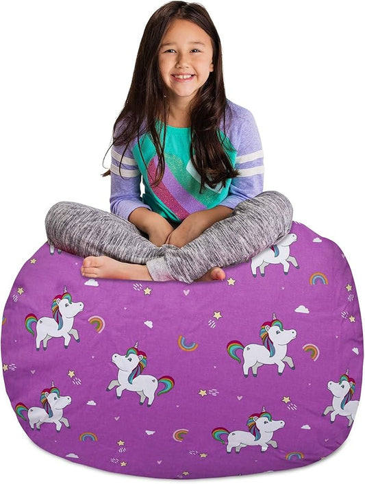 Posh Creations Kids Stuffed Animal Storage Bean Bag Chair Cover - Childrens Toy Organizer, Large-38in, Canvas Unicorn and Rainbows on Purple