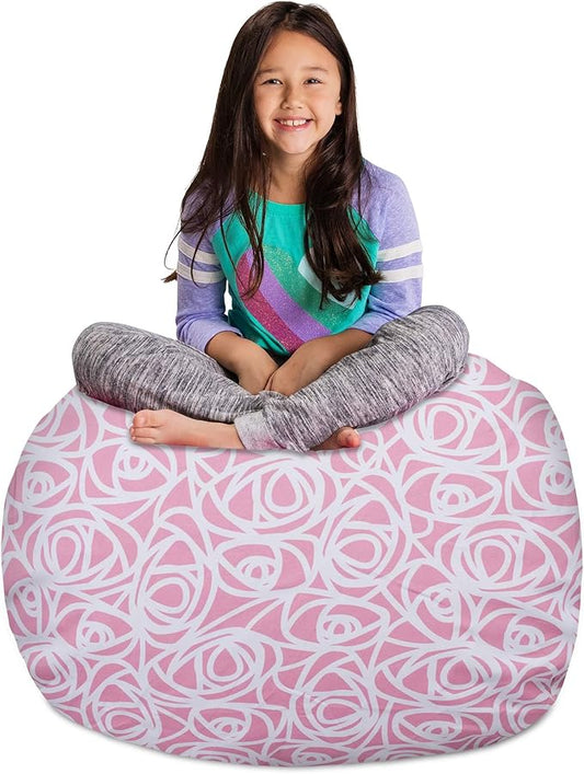 Posh Creations Kids Stuffed Animal Storage Bean Bag Chair Cover - Childrens Toy Organizer, Large-38in, Canvas Roses Pink